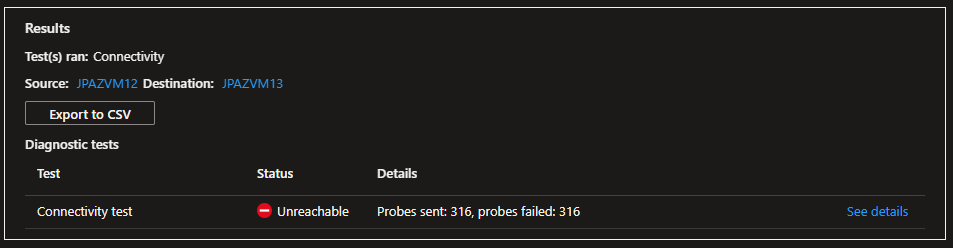 Connection Troubleshoot showing Unreachable, 316 probes sent, 316 failed