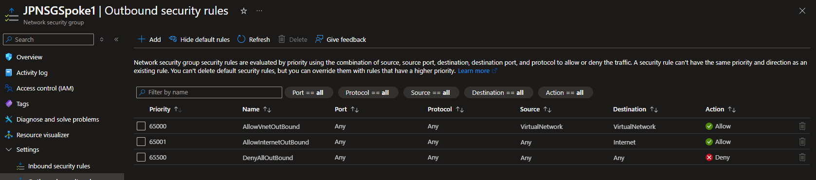 NSG outbound rules showing only the default AllowVnetOutBound, AllowInternetOutBound, and DenyAllOutBound rules