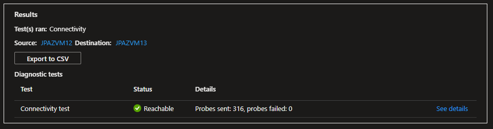 Connection Troubleshoot now showing Reachable, 316 probes sent, 0 failed